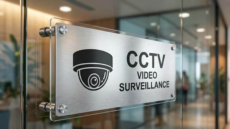 Предупреждающая табличка о видеонаблюдении на стеклянной двери